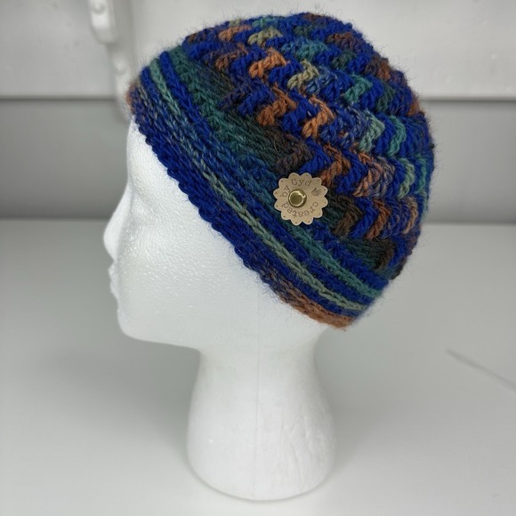 Created by Cyd Handmade‎ Crochet Beanie Hat Blue Green Brown Boho Knit Cap